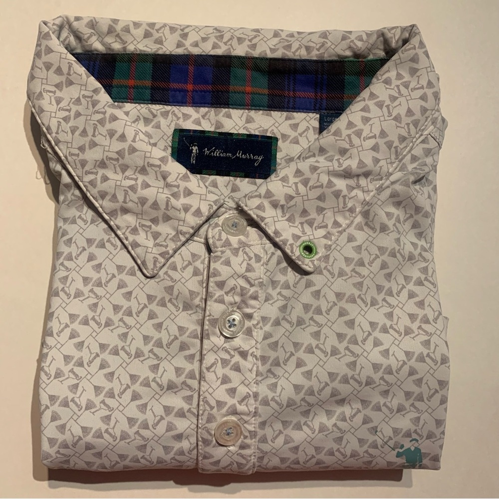 William Murray Mens Golf Polo Shirt White Gray All Over Print Lawn Mowers Rakes